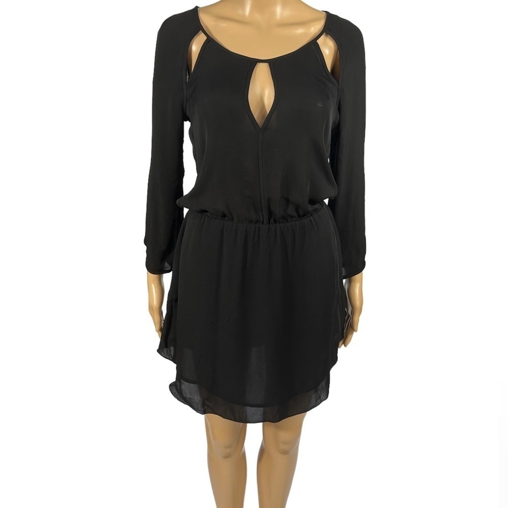 BABATON ARITZIA Black Silk Cutout Round Neck Cinched Waist Long Sleeves Size XS